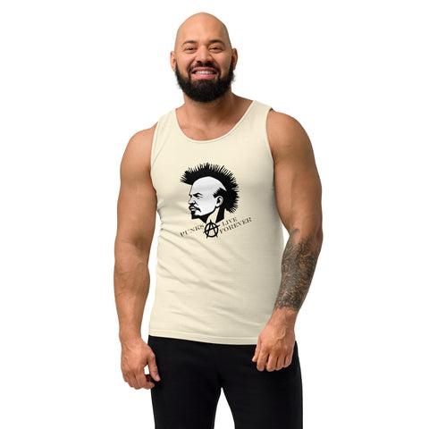 Punks Live Forever garment-dyed tank in Ivory, front with mohawk portrait and punk lettering – view 13