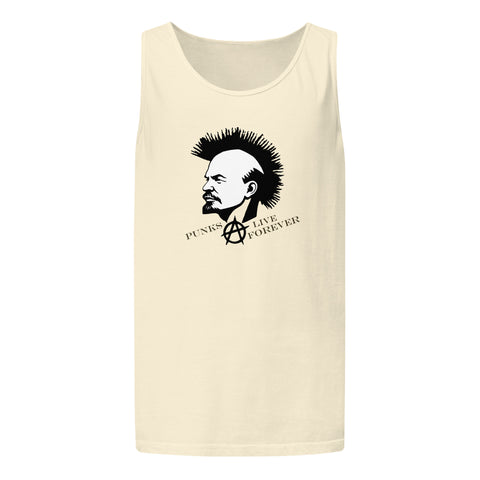 Punks Live Forever garment-dyed tank in Ivory, front with mohawk portrait and punk lettering – view 1
