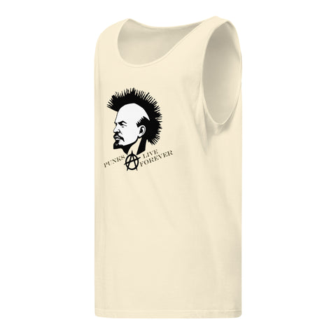 Punks Live Forever garment-dyed tank in Ivory, front with mohawk portrait and punk lettering – view 5