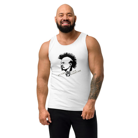 Punks Live Forever garment-dyed tank in White, front with mohawk portrait and punk lettering – view 14
