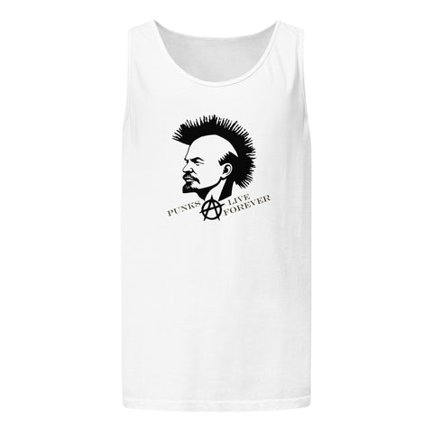 Punks Live Forever garment-dyed tank in White, front with mohawk portrait and punk lettering – view 2
