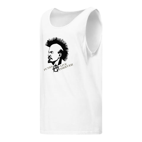Punks Live Forever garment-dyed tank in White, front with mohawk portrait and punk lettering – view 6