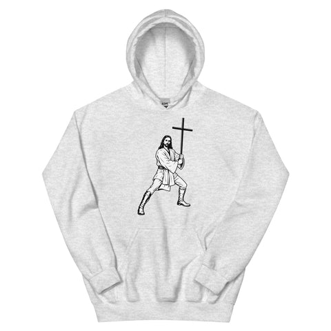Ash unisex fleece hoodie laid flat, with black ink-cutout cross-bearing warrior artwork on the front.