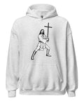 Ash unisex fleece hoodie with black ink-cutout cross-bearing warrior front artwork, front view.