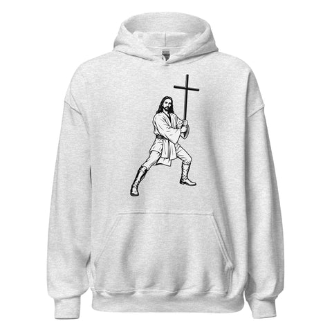 Ash unisex fleece hoodie with black ink-cutout cross-bearing warrior front artwork, front view.