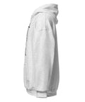 Ash unisex fleece hoodie with black ink-cutout cross-bearing warrior front artwork, left-side view.