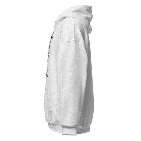 Ash unisex fleece hoodie with black ink-cutout cross-bearing warrior front artwork, left-side view.