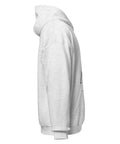 Ash unisex fleece hoodie with black ink-cutout cross-bearing warrior front artwork, right-side view.