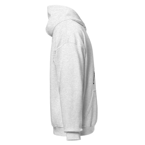 Ash unisex fleece hoodie with black ink-cutout cross-bearing warrior front artwork, right-side view.