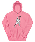 Azalea unisex fleece hoodie laid flat, with black ink-cutout cross-bearing warrior artwork on the front.