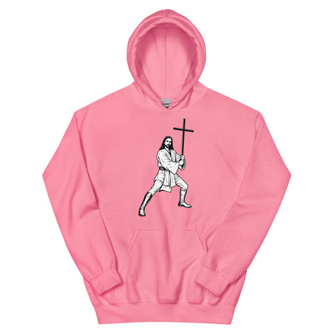 Azalea unisex fleece hoodie laid flat, with black ink-cutout cross-bearing warrior artwork on the front.
