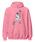 Azalea unisex fleece hoodie with black ink-cutout cross-bearing warrior front artwork, front view.
