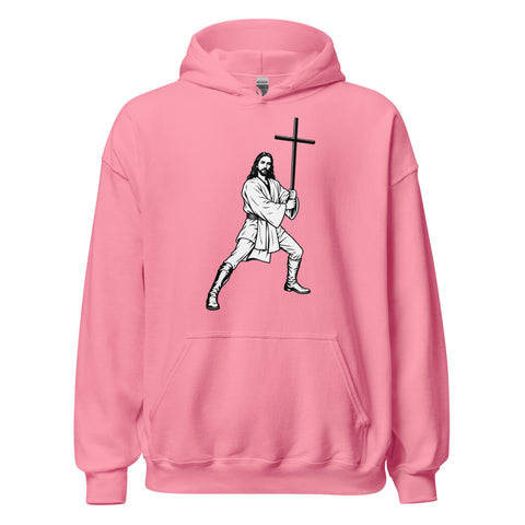Azalea unisex fleece hoodie with black ink-cutout cross-bearing warrior front artwork, front view.