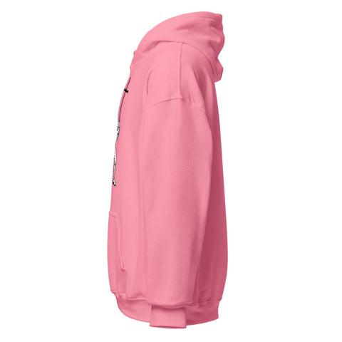 Azalea unisex fleece hoodie with black ink-cutout cross-bearing warrior front artwork, left-side view.