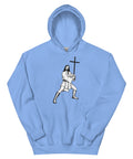 Carolina Blue unisex fleece hoodie laid flat, with black ink-cutout cross-bearing warrior artwork on the front.