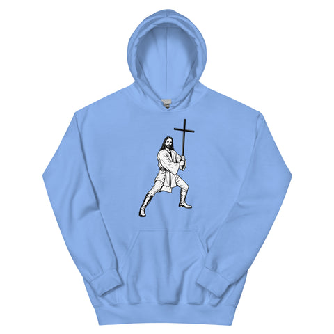 Carolina Blue unisex fleece hoodie laid flat, with black ink-cutout cross-bearing warrior artwork on the front.