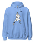 Carolina Blue unisex fleece hoodie with black ink-cutout cross-bearing warrior front artwork, front view.