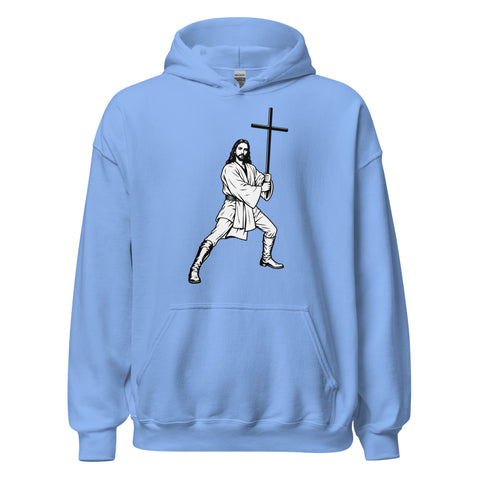 Carolina Blue unisex fleece hoodie with black ink-cutout cross-bearing warrior front artwork, front view.