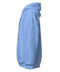 Carolina Blue unisex fleece hoodie with black ink-cutout cross-bearing warrior front artwork, left-side view.