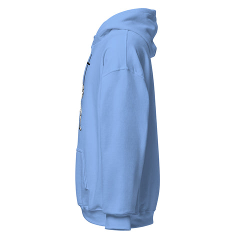 Carolina Blue unisex fleece hoodie with black ink-cutout cross-bearing warrior front artwork, left-side view.