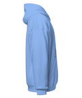 Carolina Blue unisex fleece hoodie with black ink-cutout cross-bearing warrior front artwork, right-side view.
