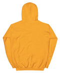 Gold unisex fleece hoodie, flat back view with no print.