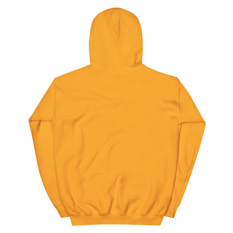 Gold unisex fleece hoodie, flat back view with no print.