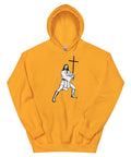 Gold unisex fleece hoodie laid flat, with black ink-cutout cross-bearing warrior artwork on the front.