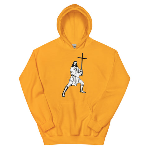Gold unisex fleece hoodie laid flat, with black ink-cutout cross-bearing warrior artwork on the front.