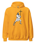 Gold unisex fleece hoodie with black ink-cutout cross-bearing warrior front artwork, front view.