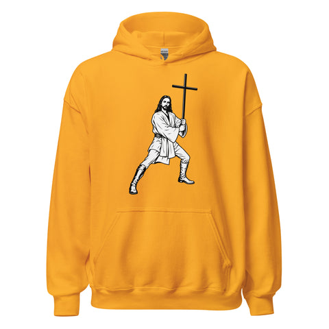 Gold unisex fleece hoodie with black ink-cutout cross-bearing warrior front artwork, front view.