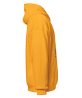 Gold unisex fleece hoodie with black ink-cutout cross-bearing warrior front artwork, right-side view.