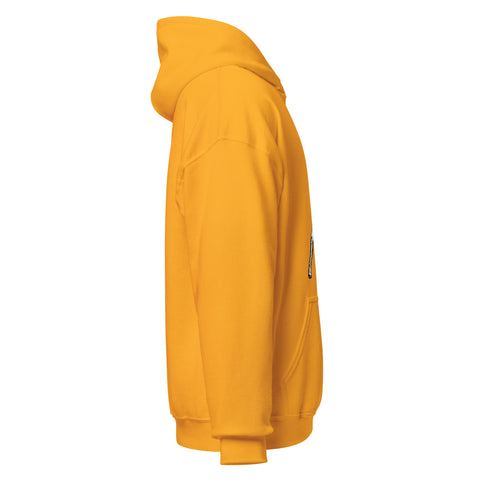 Gold unisex fleece hoodie with black ink-cutout cross-bearing warrior front artwork, right-side view.