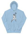 Light Blue unisex fleece hoodie laid flat, with black ink-cutout cross-bearing warrior artwork on the front.