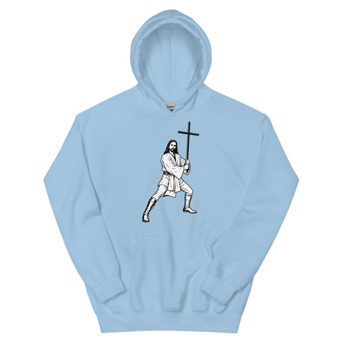 Light Blue unisex fleece hoodie laid flat, with black ink-cutout cross-bearing warrior artwork on the front.