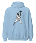 Light Blue unisex fleece hoodie with black ink-cutout cross-bearing warrior front artwork, front view.