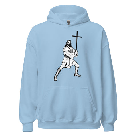 Light Blue unisex fleece hoodie with black ink-cutout cross-bearing warrior front artwork, front view.
