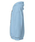 Light Blue unisex fleece hoodie with black ink-cutout cross-bearing warrior front artwork, left-side view.