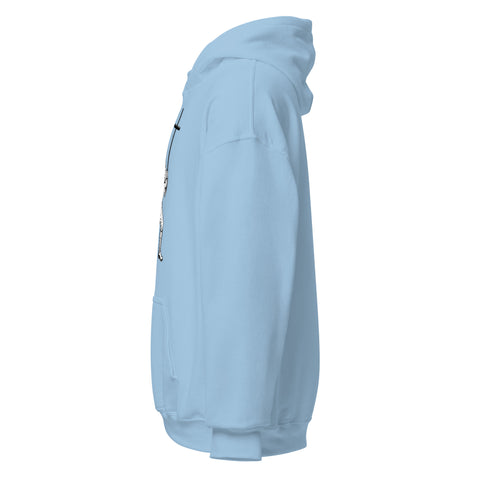 Light Blue unisex fleece hoodie with black ink-cutout cross-bearing warrior front artwork, left-side view.