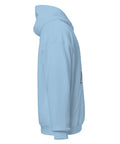 Light Blue unisex fleece hoodie with black ink-cutout cross-bearing warrior front artwork, right-side view.
