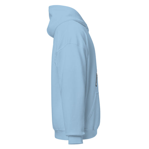 Light Blue unisex fleece hoodie with black ink-cutout cross-bearing warrior front artwork, right-side view.