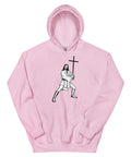 Light Pink unisex fleece hoodie laid flat, with black ink-cutout cross-bearing warrior artwork on the front.