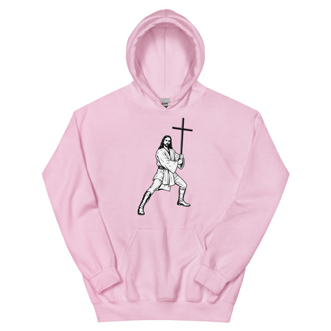Light Pink unisex fleece hoodie laid flat, with black ink-cutout cross-bearing warrior artwork on the front.
