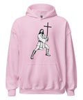 Light Pink unisex fleece hoodie with black ink-cutout cross-bearing warrior front artwork, front view.