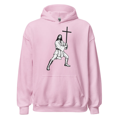 Light Pink unisex fleece hoodie with black ink-cutout cross-bearing warrior front artwork, front view.