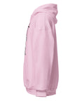 Light Pink unisex fleece hoodie with black ink-cutout cross-bearing warrior front artwork, left-side view.