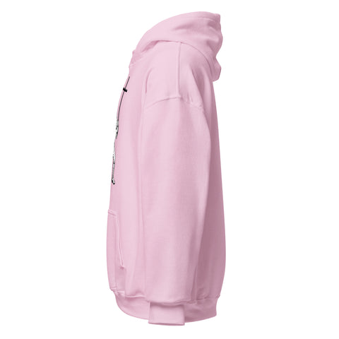 Light Pink unisex fleece hoodie with black ink-cutout cross-bearing warrior front artwork, left-side view.