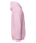 Light Pink unisex fleece hoodie with black ink-cutout cross-bearing warrior front artwork, right-side view.
