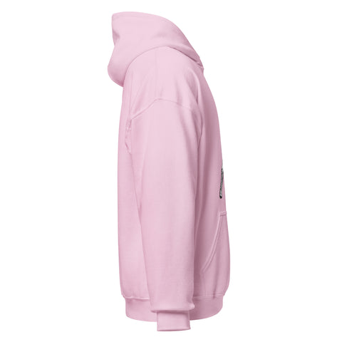 Light Pink unisex fleece hoodie with black ink-cutout cross-bearing warrior front artwork, right-side view.
