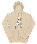 Sand unisex fleece hoodie laid flat, with black ink-cutout cross-bearing warrior artwork on the front.
